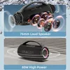 A split image showing a black portable speaker with internal components visible in the top panel and the speaker itself in the bottom panel. Náhled obrázku produktu