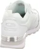 A rear view of a white Skechers sneaker with silver accents. Voir les images du produit