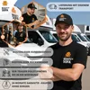 A man in a branded t-shirt and cap is shown in front of delivery vans, with text overlays highlighting services. Produktbild-Vorschau