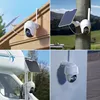 Collage of four images showing a Reolink 2K+ 5MP 4G LTE security camera with a solar panel in different mounting scenarios. Náhľad obrázku produktu