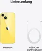 A yellow iPhone 14 and a USB-C to Lightning cable are shown against a white background. Produktbild-Vorschau