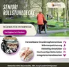 An elderly person in a wheelchair is being pushed through a park, with a folded blanket on the wheelchair. The image also includes product features and a logo. Produktbild-Vorschau