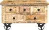 A wooden chest of drawers with black metal wheels. Produktbild-Vorschau