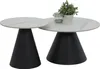 Two modern coffee tables with white marble-like tops and black conical bases, displayed on a white background. Produktbild-Vorschau