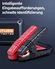 A close-up shot of red and black jumper cable clamps for a car jump starter, with marketing text overlayed. Produktbild-Vorschau