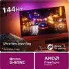 A gaming setup with a TV displaying a racing game, a game controller, and marketing text about gaming features. Anteprima dell’immagine prodotto