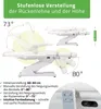 Diagrams and text illustrating the adjustable features of a white massage or cosmetic chair. Produktbild-Vorschau