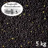 A pile of dark seeds, likely rapeseed or mustard seeds, with a white oval label in the upper left corner featuring a drawing of buildings and text, and the number '5 kg' in the bottom right corner. Anteprima dell’immagine prodotto
