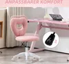 A pink teddy fleece office chair with a heart-shaped backrest is shown in a room with a pink desk and a laptop. Produktbild-Vorschau