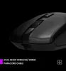 A close-up shot of a black gaming mouse against a black background, with text overlay describing its features. Produktbild-Vorschau