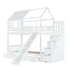 A white wooden bunk bed with a house-shaped frame, a slide, and stairs with storage. Produktbild-Vorschau
