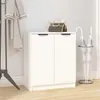 A white shoe cabinet with two doors, a handbag on top, and an umbrella stand next to it, with a coat rack to the left. Produktbild-Vorschau