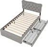 A disassembled bed frame with a headboard and two drawers shown next to it. Anteprima dell’immagine prodotto