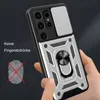 A hand holding a smartphone case with a ring holder and camera cover. Produktbild-Vorschau