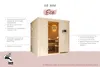 A wooden sauna cabin with glass doors and informational text and graphics. Produktbild-Vorschau