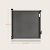 A black retractable baby gate is shown against a light beige background with measurement indicators. Náhled obrázku produktu
