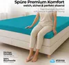 A person sitting on a bed with a turquoise fitted sheet. Produktbild-Vorschau