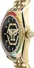 A close-up, side view of a gold Philipp Plein women's watch with a black dial and a bezel adorned with colorful gemstones. Anteprima dell’immagine prodotto