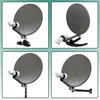 Four different views of a satellite dish set with various mounting options. Produktbild-Vorschau