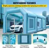 An inflatable car spray booth with a car inside, shown outdoors with buildings in the background. Inset images highlight features like the double door, transparent windows, and lighting. Anteprima dell’immagine prodotto