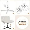 A collage of four images showing the assembly steps and the final product of an office chair. Produktbild-Vorschau