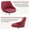 A split image showing two close-ups of a red bar stool, with text describing its features. Produktbild-Vorschau