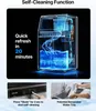 A marketing image showcasing the self-cleaning function of an ice maker, with a diagram of the internal workings and close-ups of controls and a removable tray. Náhled obrázku produktu