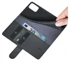 A hand is holding open a black leather wallet-style phone case, revealing card slots and a 20 Euro banknote. Produktbild-Vorschau