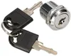A silver lock cylinder and two silver keys with black plastic handles are arranged on a white background. Produktbild-Vorschau