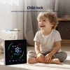 A child is sitting on the floor next to a smart thermostat, with text overlay highlighting the 'Child lock' feature. Náhled obrázku produktu