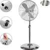 A chrome standing fan is shown against a white background, with close-up insets detailing its controls and assembly. Podgląd zdjęcia produktu