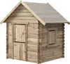 A wooden playhouse with a door and a window, shown from a three-quarter angle against a white background. Produktbild-Vorschau