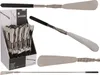 A collage of images showing an extendable metal shoehorn in various configurations and a display box of shoehorns. Produktbild-Vorschau