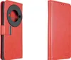 A red flip-style phone case is shown from two angles against a white background. Produktbild-Vorschau