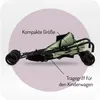 A folded baby stroller is shown against a light purple circular background with text overlays. Náhled obrázku produktu