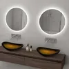 A modern bathroom vanity with two vessel sinks and illuminated mirrors. Produktbild-Vorschau
