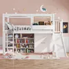 A white loft bed with a slide and integrated storage is set up in a child's room with pink walls and star decorations. Produktbild-Vorschau