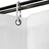 A close-up view of a white shower curtain hanging from a metal rod using white plastic hooks. Podgląd zdjęcia produktu