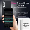 A hand holding a smartphone displaying settings, with a product case and marketing text in the background. Produktbild-Vorschau
