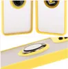 A collage of three close-up images showing a yellow phone case with a clear back and a silver ring holder. Produktbild-Vorschau