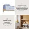 A collage of images showing bedding, care instructions, and a laundry room. Produktbild-Vorschau