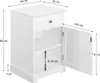 A white bedside table with one drawer and a cabinet with an open door, showing internal shelves and dimensions. Produktbild-Vorschau