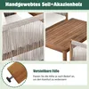 A collage of images showing details of a garden lounge set, including rope weaving, wood texture, and adjustable feet. Produktbild-Vorschau