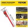 A collage showing a red pipe wrench, product specifications, and three use case scenarios: building construction, vehicle maintenance, and household plumbing. Podgląd zdjęcia produktu