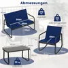 Diagrams showing the dimensions and weight capacity of a blue outdoor furniture set including a bench, two chairs, and a table. Anteprima dell’immagine prodotto