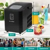 A black ice maker is shown on a countertop with drinks and lifestyle images below. Produktbild-Vorschau