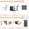The image shows two sets of instructions for mounting a zebra roller blind, one without drilling and one with drilling. Voir les images du produit