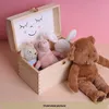 A wooden chest filled with stuffed animals, with a teddy bear sitting next to it. Produktbild-Vorschau