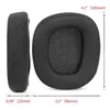 Two black ear pads for headphones are shown, one from the side and one from the front, with dimensions indicated by measurement lines and text. Produktbild-Vorschau