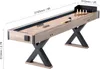 A shuffleboard table with bowling pins and pucks on it, with dimensions indicated. Produktbild-Vorschau
